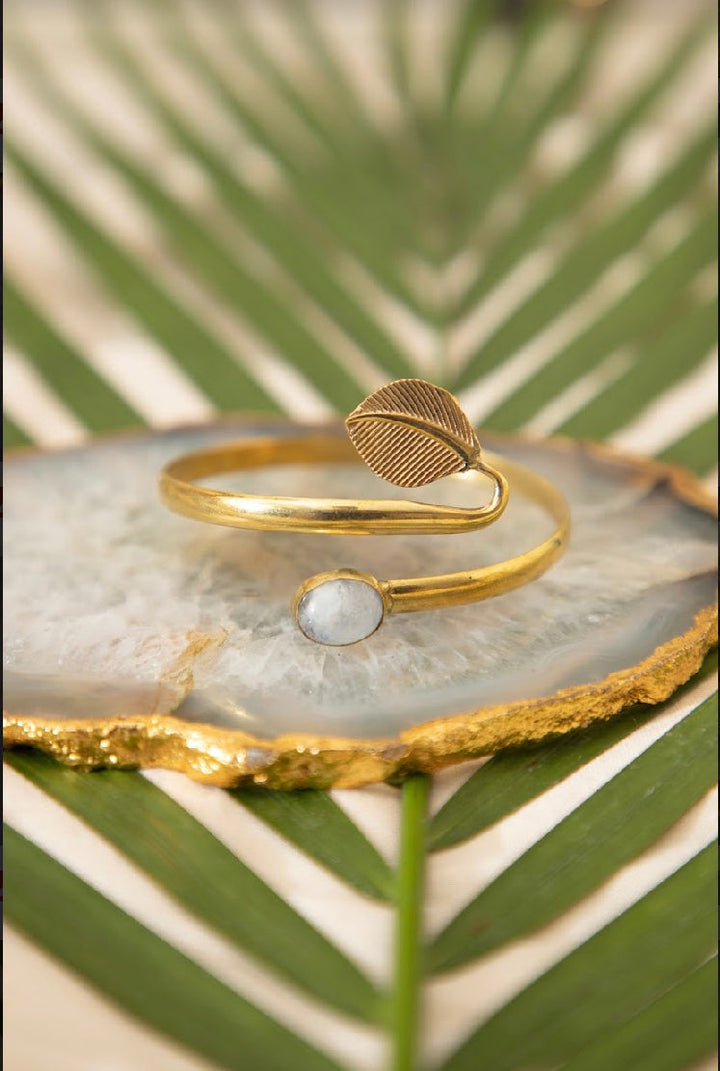 Moonstone Drop Bangle + Feather Wrap Adjustable Ring Combo
