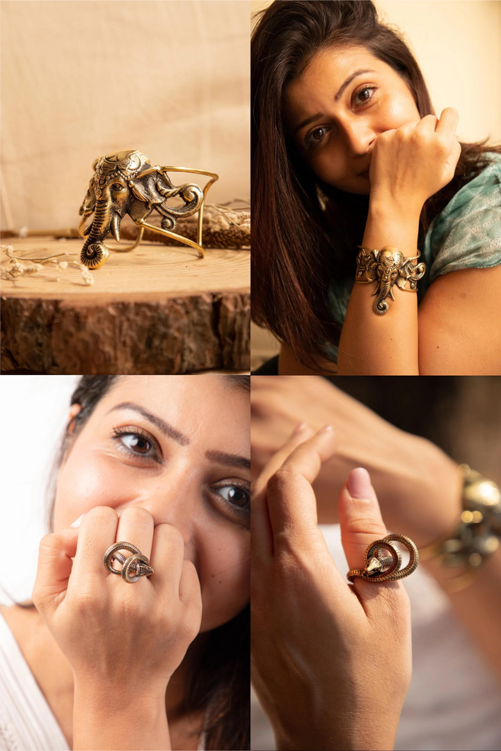 Ganesha Hand Cuff + Serpent Adjustable Ring Combo