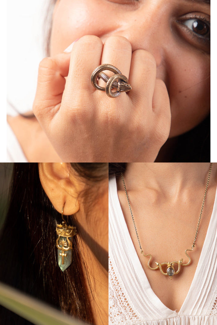 Kundalini twister necklace + serpent ring + trishul labradorite earrings combo of 3 items