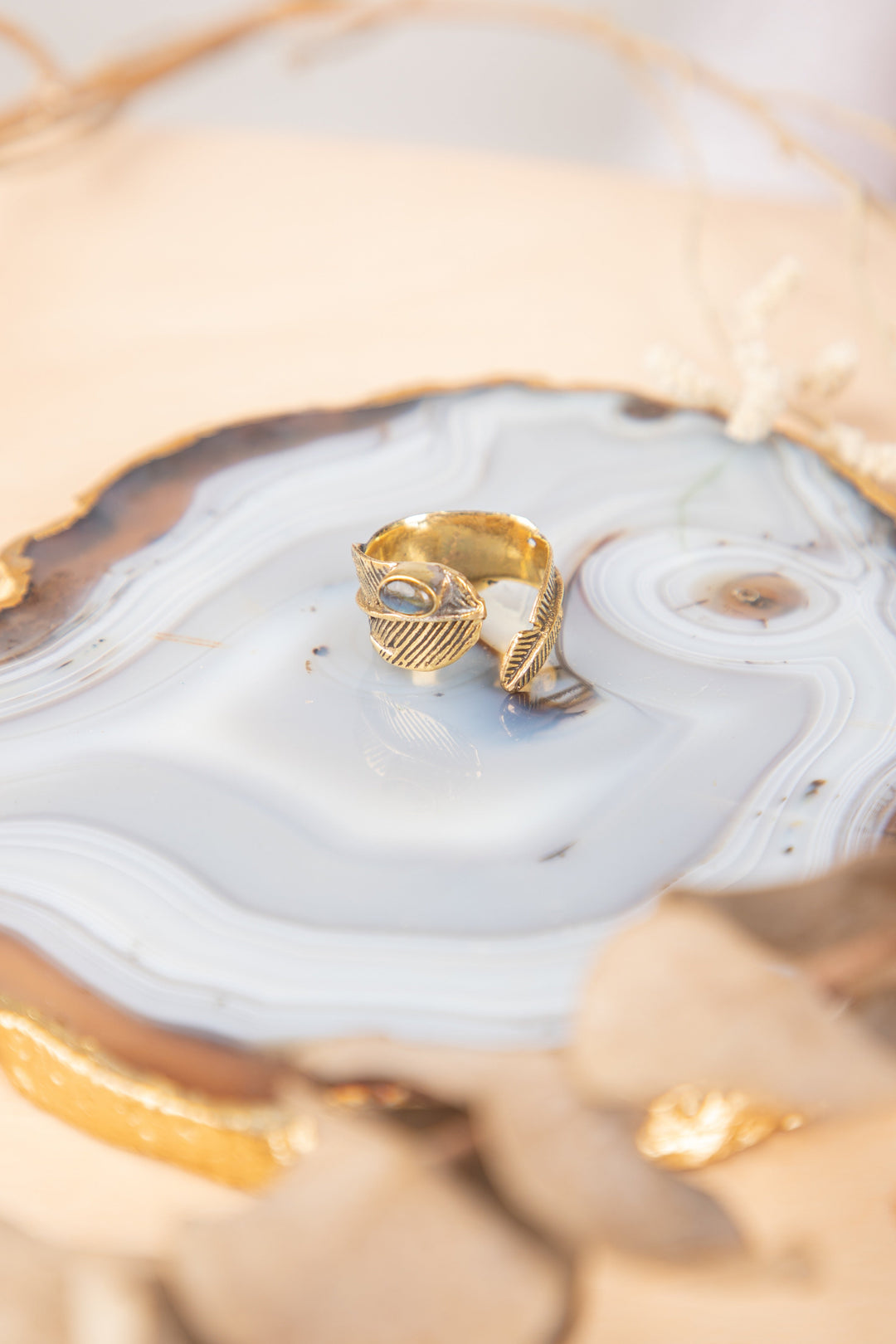 Labradorite feather adjustable ring