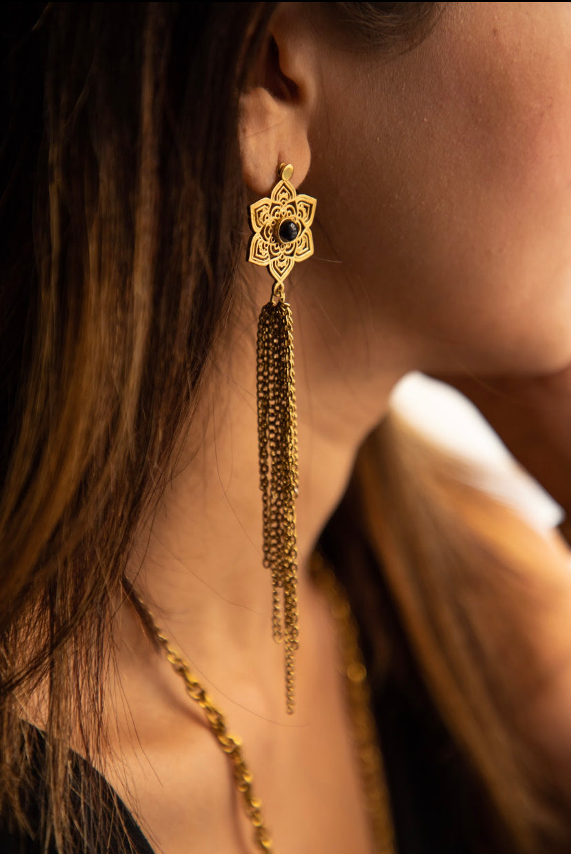 Black onyx mandala long necklace +Mandala drop earrings combo