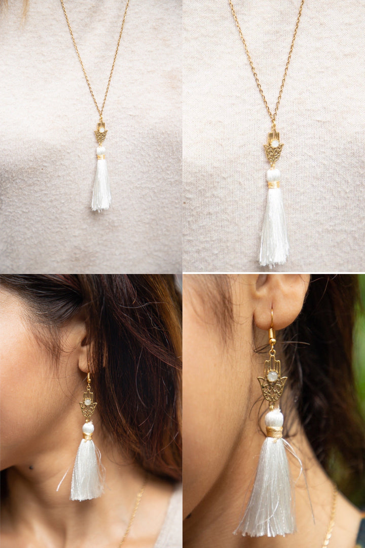 Hamsa tassel necklace + Hamsa tassel earrings combo of 2 items