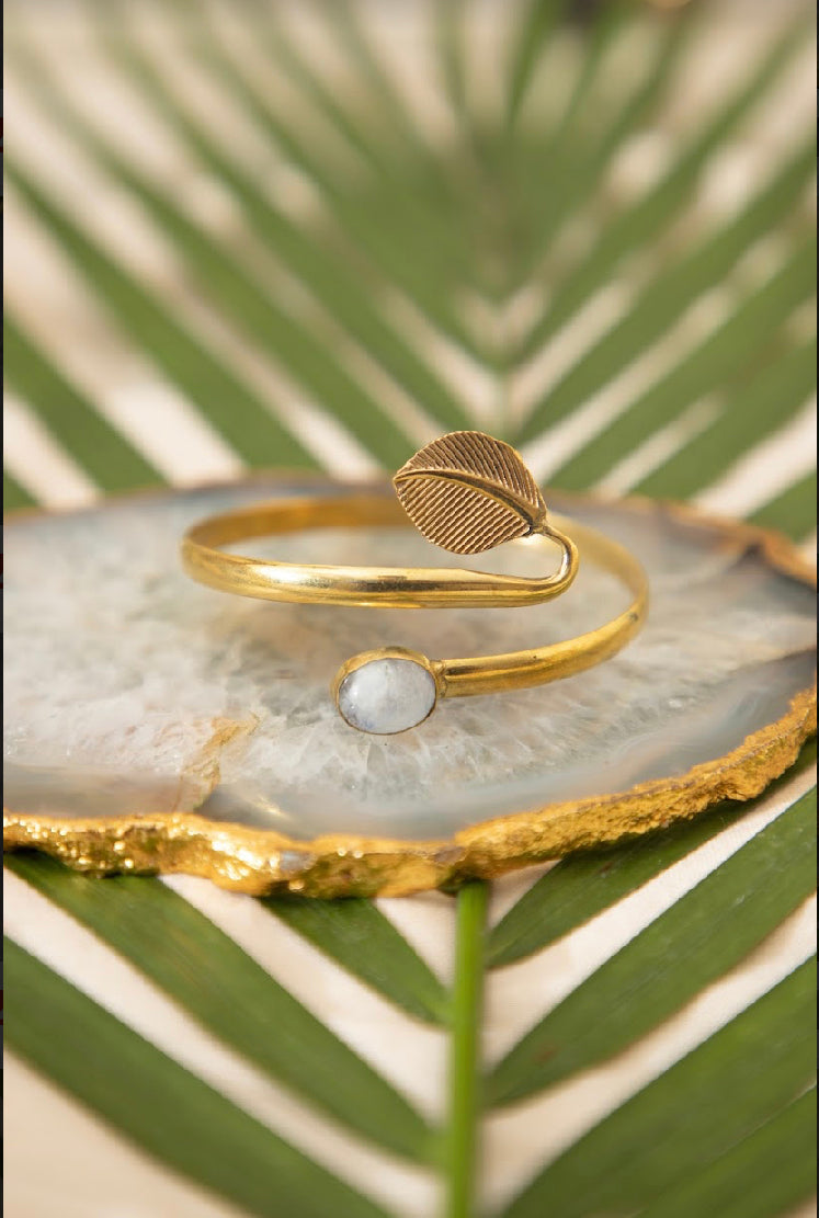 Moonstone Drop Bangle + Feather Wrap Adjustable Ring Combo of 2 items