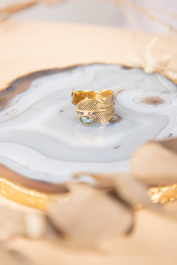 Labradorite feather adjustable ring