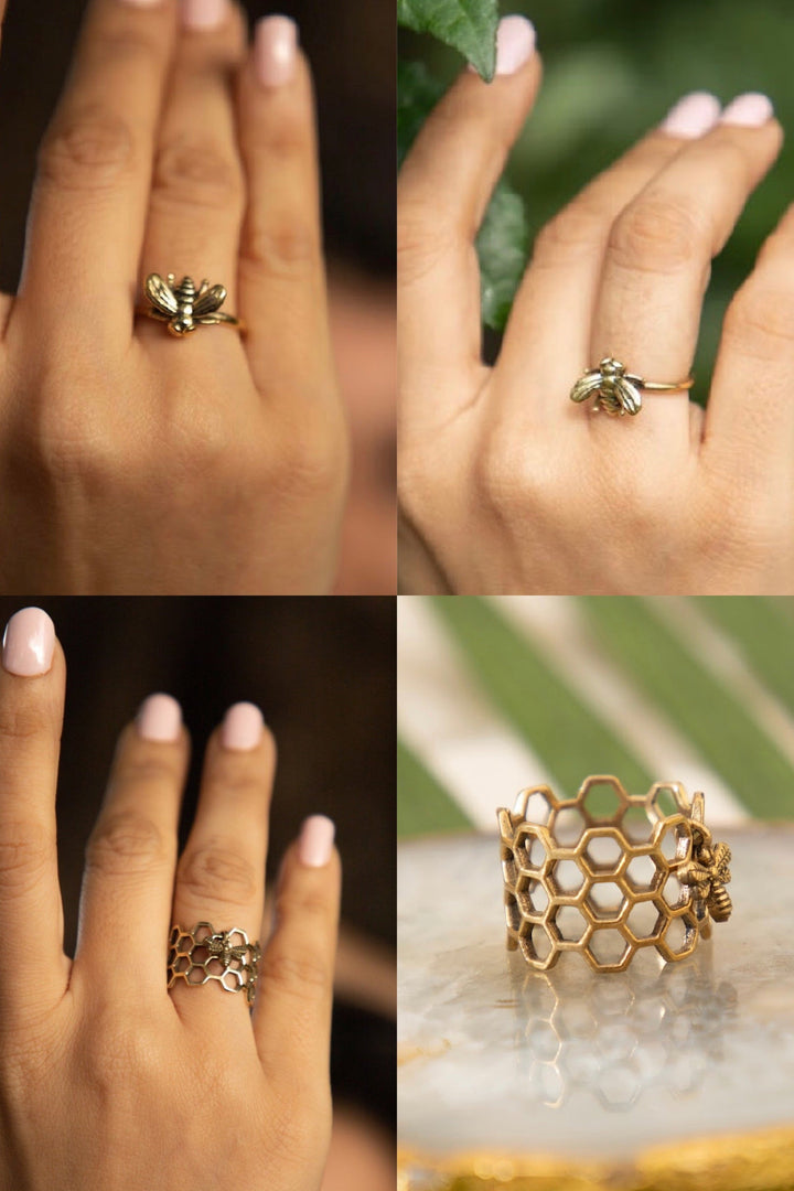 Honeycomb ring + honey bee combo