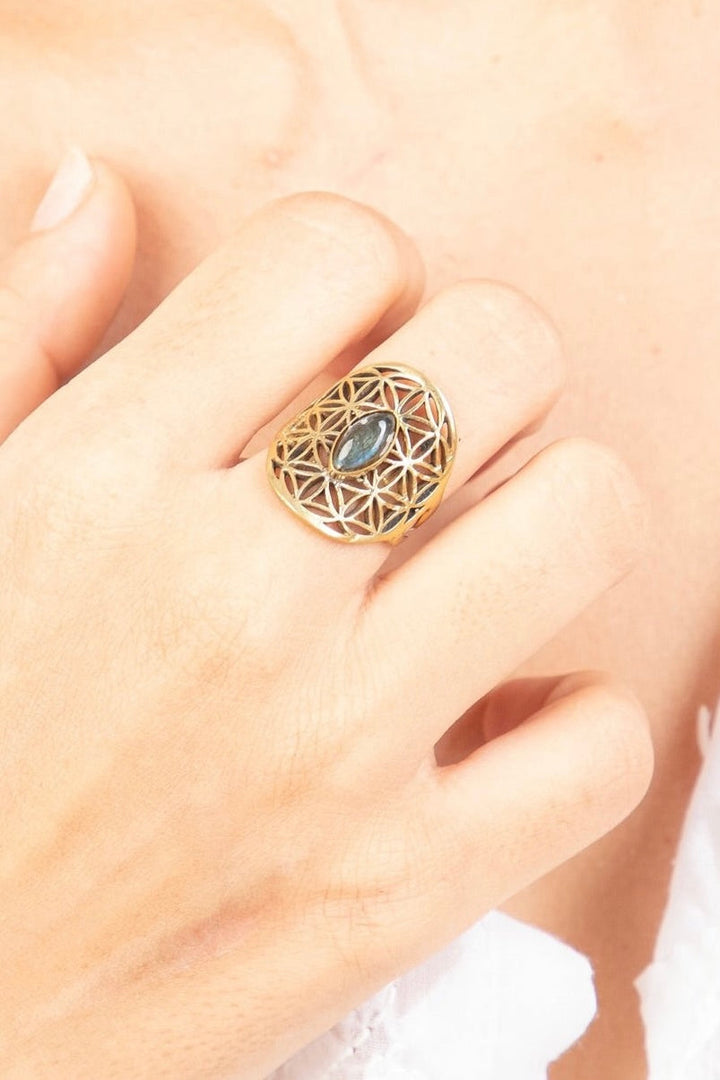 Labradorite flower of life adjustable ring